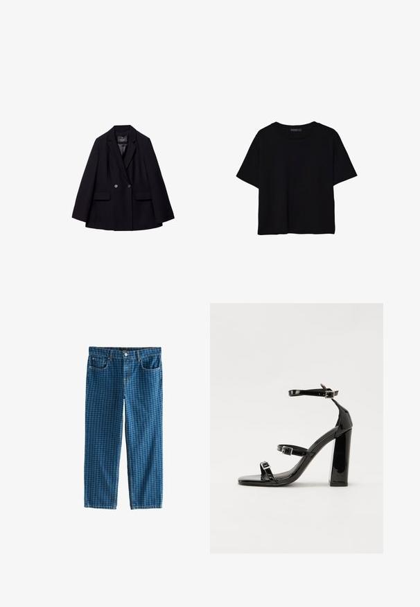 Crni dvostruko kopčani sako napravljen od glatkog materijala. Ima rever s izrezom, dvije prednje džepove i dva okrugla dugmeta.; Crna majica kratkih rukava od pamuka. Ima okrugli izrez i labav kroj s glatkom, jednoličnom teksturom. Nema vidljivih uzoraka ili akcenta.; Plave traperice s kariranim uzorkom. Imaju pet džepova, zatvarač i standardnu pojasnicu. Labav kroj, ravne nogavice.; Crne lakirane sandale na pete sa kvadratnim nosom, trakama oko gležnja i srebrnim kopčama. Imaju čvrst blok petu za stabilnost.