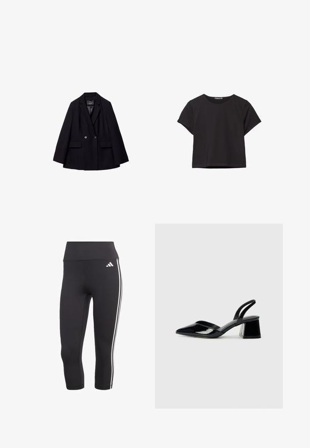 Svart, dubbelknäppt kavaj i slät tyg. Har slagkrage, två framfickor och två runda knappar.; Svart kortärmad crop top i mjukt material, med rund halsringning och en avslappnad passform med en ren fåll.; Svarta trekvarts tights gjorda av elastiskt material med en bred midjeresår och tre vita ränder längs sidorna.; Svarta lackläder slingback klackar med spetsig tå och geometrisk klack. Har en elegant, minimalistisk design och slät yta.