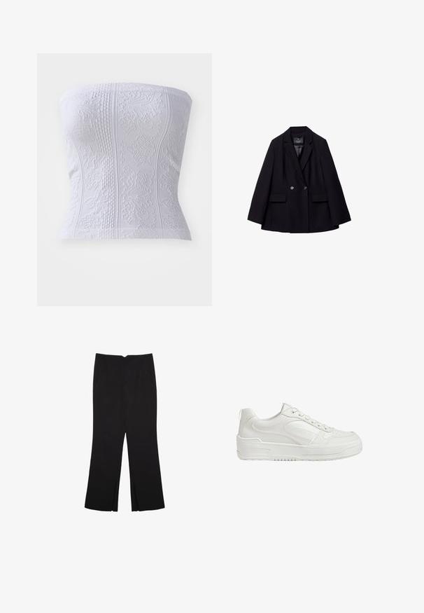 Crni dvostruko kopčani sako napravljen od glatkog materijala. Ima rever s izrezom, dvije prednje džepove i dva okrugla dugmeta.; Bijela strapless majica s teksturama, koja sadrži rebraste detalje i cvjetne uzorke, prikazujući prilagođeni kroj.; Crne hlače ravnog kroja, s prednjim džepovima i bočnim prorezima na rubu. Izrađene od mekog i glatkog materijala. Pogodne za razne prigode.; Bijele kožne tenisice s glatkom teksturom, podstavljenim gležnjem i perforiranim nožnim dijelom. Imaju blago povišeni gumeni potplat i dizajn s vezicama.