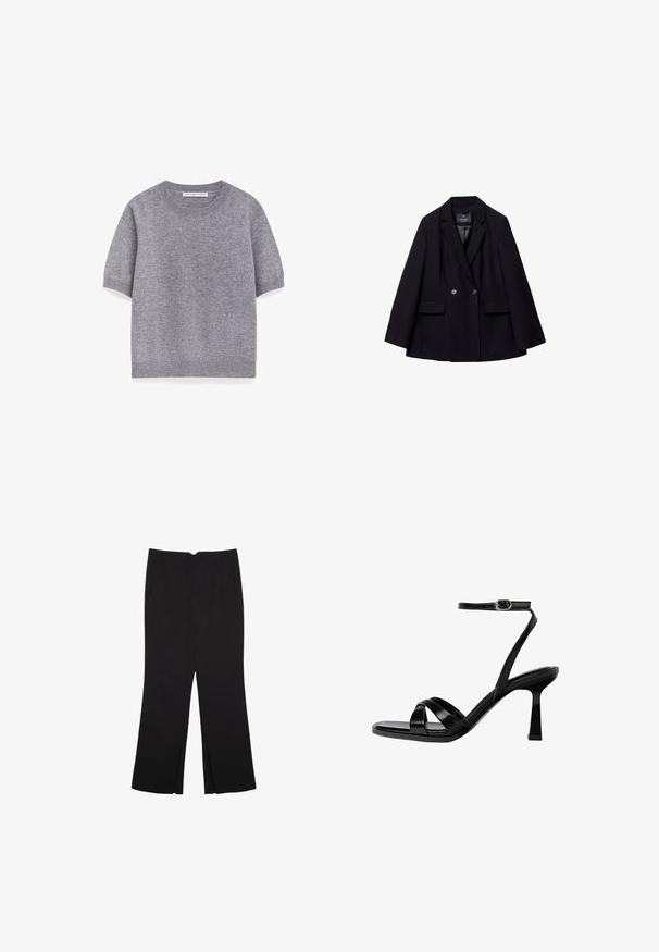 Schwarzer doppelt knopfbarer Blazer aus glattem Stoff. Verfügt über Schößchen mit Einschnitten, zwei vordere Taschen und zwei runde Knöpfe.; Grau gestrickter Kurzarmpullover aus weichem Material, mit Rundhalsausschnitt und geripptem Saum. Einfaches Design ohne Muster oder Akzente.; Schwarze Hose mit geradem Schnitt, ausgestattet mit Fronttaschen und Seitenschlitzen am Saum. Hergestellt aus weichem, glattem Stoff. Geeignet für verschiedene Anlässe.; Schwarze, geschnürte Sandalette mit Absatz und quadratischer Zehenpartie. Verfügt über einen dünnen Knöchelriemen, glänzendes Leder und einen Stöckelabsatz.
