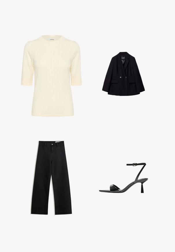Czarna, podwójnie zapięta marynarka z gładkiego materiału. Ma klapy w kształcie litery "V", dwie przednie kieszenie i dwa okrągłe guziki.; Kremowy sweter z krótkim rękawem w prążki, z okrągłym dekoltem i kontrastowymi prążkowanymi mankietami, o miękkiej teksturze i dopasowanym kroju.; Czarne dżinsowe spodnie o szerokich nogawkach i wysokim stanie, z przednimi i tylnymi kieszeniami, przeszyciami oraz zapięciem na guziki. Gładka struktura.; Bershka - Sandały na obcasie