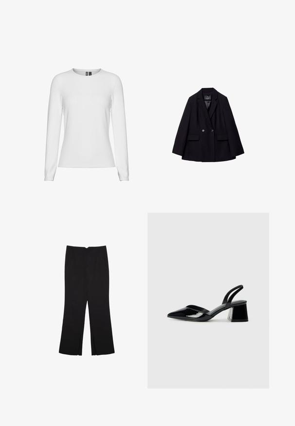 Črn dvoredni suknjič iz gladkega materiala. Ima zarezane reverje, dve sprednji žepni in dva okrogla gumba.; Bela dolga majica z dolgimi rokavi, izdelana iz gladkega bombażnega materiala. Ima okrogel izrez in oprijet kroj, ter manšete na rokavih.; Črne hlače ravnega kroja z naglavnimi žepi in stranskimi razporki na robu. Narejene iz mehke, gladke tkanine. Primerne za različne priložnosti.; Črne lakirane slingback pete s koničastim nosom in geometrijsko blokasto peto. Imajo eleganten, minimalističen dizajn in gladko teksturo.