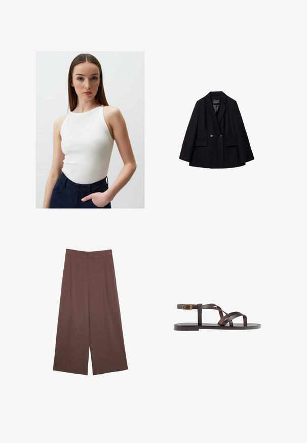 Black double-breasted blazer made of smooth fabric. Features notched lapels, two front pockets, and two round buttons.; Jimmy Key SLIM FIT HALTER NECK BASIC - Top - white; Brown wide-leg trousers with a smooth texture, featuring a high waist and front pleats. The fabric is lightweight and flows loosely.; Brown leather sandal featuring crisscross straps, an ankle buckle closure, and a flat sole with minimal stitching details.