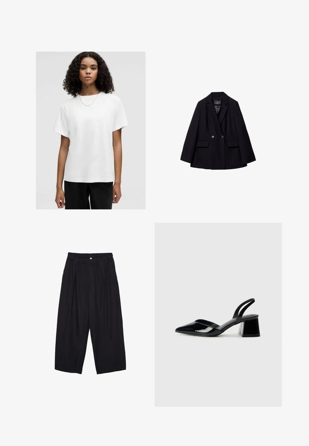 Črn dvoredni suknjič iz gladkega materiala. Ima zarezane reverje, dve sprednji žepni in dva okrogla gumba.; Bela bombažna majica s sproščenim krojem, kratkimi rokavi in okroglim vratnim izrezom. Gladka tekstura, brez vzorcev, oblečena z enostavno verižico.; Črne poliesterske culotte hlače z elastičnim pasom, dvema sprednjima nabiranjema in ohlapnim krojem. Brez vidnih vzorcev ali kovinskih detajlov.; Črne lakirane slingback pete s koničastim nosom in geometrijsko blokasto peto. Imajo eleganten, minimalističen dizajn in gladko teksturo.