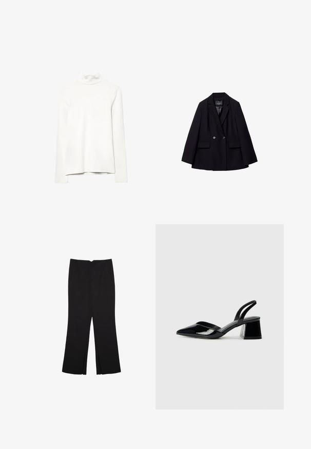 Črn dvoredni suknjič iz gladkega materiala. Ima zarezane reverje, dve sprednji žepni in dva okrogla gumba.; Bela dolga majica s turtleneck ovratnikom, rahlo gubana, razstavljena na beli podlagi.; Črne hlače ravnega kroja z naglavnimi žepi in stranskimi razporki na robu. Narejene iz mehke, gladke tkanine. Primerne za različne priložnosti.; Črne lakirane slingback pete s koničastim nosom in geometrijsko blokasto peto. Imajo eleganten, minimalističen dizajn in gladko teksturo.