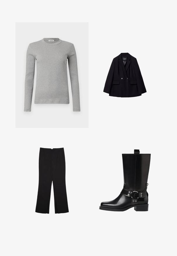 Schwarzer doppelt knopfbarer Blazer aus glattem Stoff. Verfügt über Schößchen mit Einschnitten, zwei vordere Taschen und zwei runde Knöpfe.; Grauer Langarmpullover aus Rippstoff, mit Rundhalsausschnitt und figurnahem Schnitt. Einfaches Design, keine sichtbaren Muster oder Akzente.; Schwarze Hose mit geradem Schnitt, ausgestattet mit Fronttaschen und Seitenschlitzen am Saum. Hergestellt aus weichem, glattem Stoff. Geeignet für verschiedene Anlässe.; Schwarze Lederstiefel bis zum Knie mit spitzer Zehenform, silbernen Schnallenakzenten und einem klobigen Absatz. Verfügt über eine Zuglasche für einfaches Anziehen.