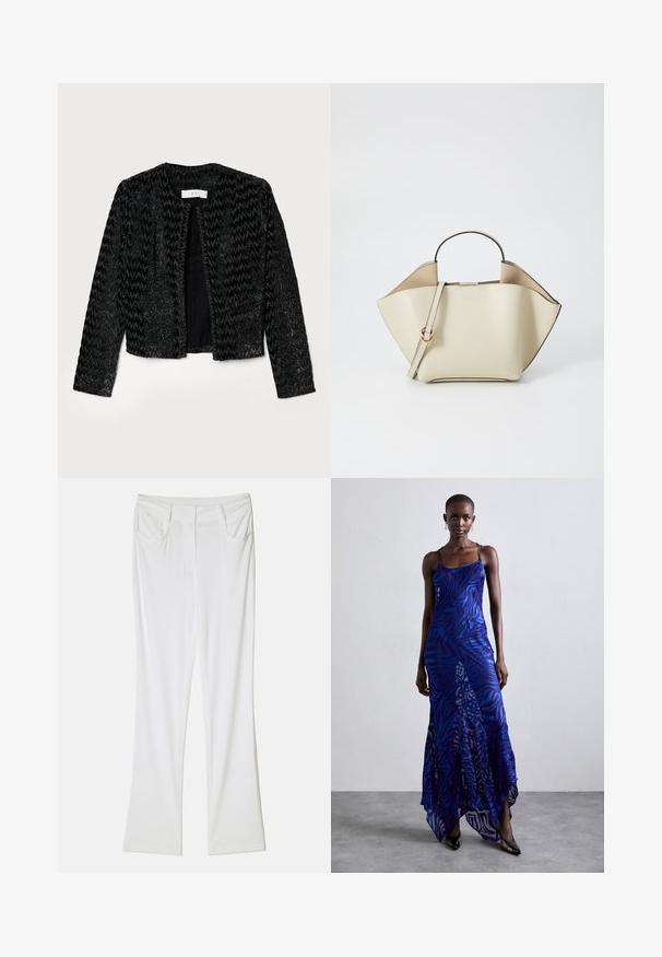Čierna skrátená bunda s textúrovaným, cik-cak vzorom, s kovovými vláknami pre iskrivý efekt. Bez zapínania, okrúhly výstrih a dlhé rukávy.; Čierny dlhý rukáv turtleneck top vyrobený z hladkej látky, s volánovým golierom a priliehavou siluetou s jednoduchými okrajmi.; Biele zvonové nohavice s hladkou textúrou látky, ktoré majú dvojité predné vrecká a prešitý pás pre priliehavý vzhľad.; Maxi šaty s potlačou zvieracích vzorov v modrej a fialovej farbe, s tenkými ramienkami, priliehavým telom, rozšíreným lemom a priesvitnými detailmi.; Ree Projects ANN - Kabelka - beige