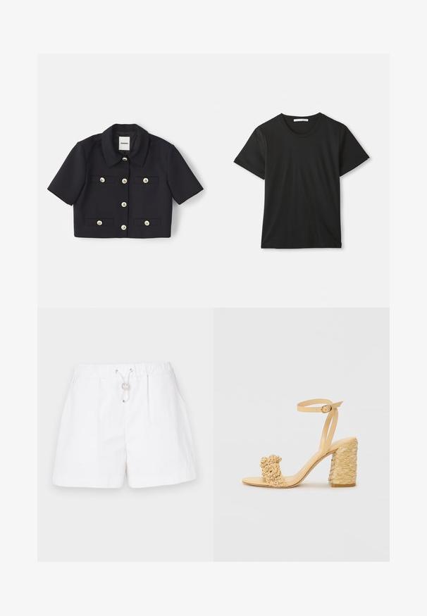 Μαύρο κομμένο μπουφάν με γιακά και κοντά μανίκια, που διαθέτει τέσσερις μπροστινές τσέπες και κουμπώματα σε χρυσή απόχρωση. Φτιαγμένο από λείο ύφασμα.; Μαύρο κοντομάνικο βαμβακερό T-shirt με στρογγυλή λαιμόκοψη, απλωμένο σε λευκό φόντο, με ορατή ετικέτα μάρκας μέσα στον γιακά.; Λευκές σορτς με ελαστική μέση, λεπτομέρεια κορδονιού, δύο πλαϊνές τσέπες και λεία υφή. Ιδανικές για ζεστό καιρό.; Μπεζ ψηλή σαγιονάρα με πλεγμένη υφή, με διακοσμητικό λουλούδι και ιμάντα στον αστράγαλο. Τετράγωνη γόβα για αυξημένη σταθερότητα.