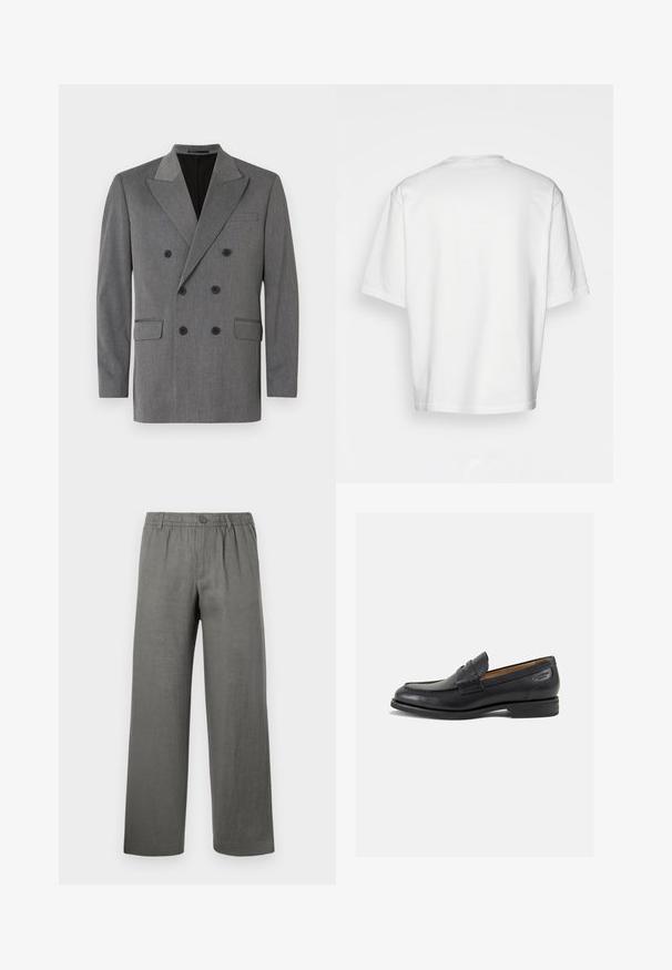 Jack & Jones PREMIUM JPRBUSHWICK ASHTON BLAZER - Bleiserjakk - dark grey; Valge lühikeste varrukatega T-särk, lõdva lõikega, ümar kaelus, sileda puuvillase kangaga, kaunistamata selg, sirge alläär, ilma mustrite või aktsентideta.; Hallid linased püksid, millel on lõdva fit, elastne vöökoht, nupuga suleke ja sirged jalad. Sile tekstuur, minimalistlik disain.; Mustad mustad nahast loafers, sujuva viimistlusega, ümar sirge ja dekoratiivne tikand peal. Madal ja kergelt kuhjatud konts ning kerge läige.