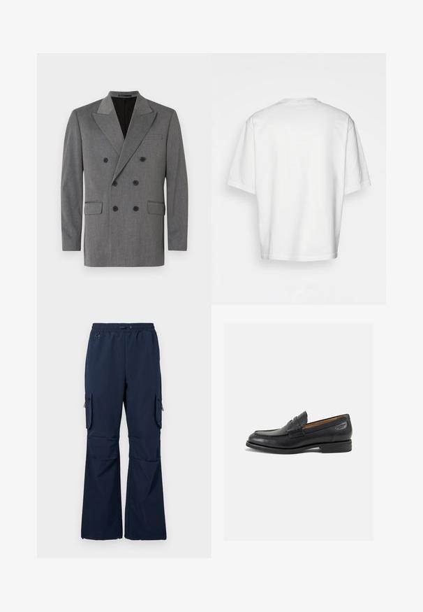 Jack & Jones PREMIUM JPRBUSHWICK ASHTON BLAZER - Sako - dark grey; Bílý krátký rukáv tričko, volný střih, kulatý výstřih, hladká bavlněná tkanina, nezdobený zadní díl, rovný lem, žádné vzory ani akcenty.; Námořnické cargo kalhoty vyrobené z lehké tkaniny, s elastickým pasem na šňůrku, dvěma bočními kapsami a zapínacími cargo kapsami na obou nohách.; Černé kožené mokasíny s hladkým povrchem, zaoblenou špičkou a dekorativním prošíváním na svršku. Nízký podpatka a mírný lesk.