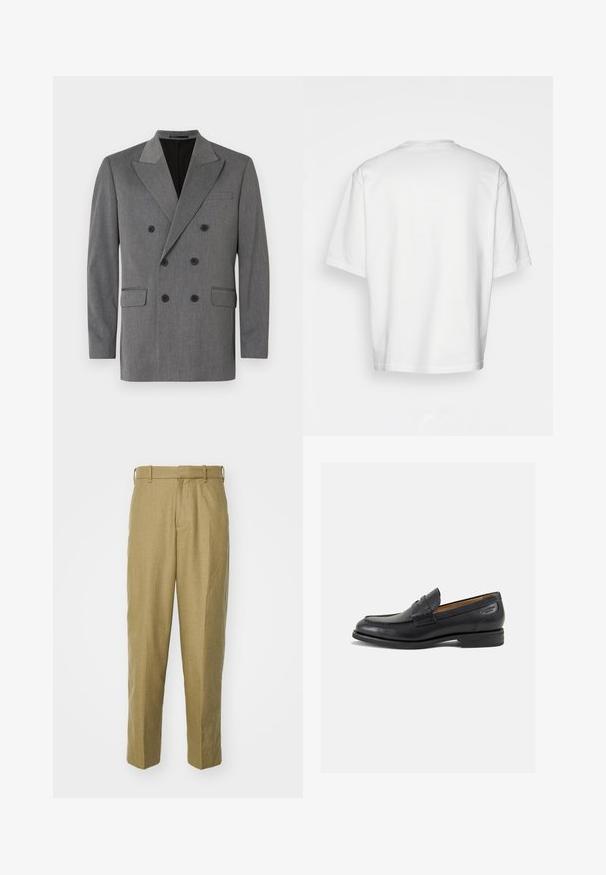 Jack & Jones PREMIUM JPRBUSHWICK ASHTON BLAZER - Sacou - dark grey; Tricou alb cu mânecă scurtă, croială lejeră, decolteu rotund, material din bumbac neted, spate simplu, margine dreaptă, fără modele sau accente.; Pantaloni bej dintr-un material texturat, având un design cu picior drept, curele pentru brâu și pliuri frontale.; Mocasini din piele neagră cu o finisare netedă, vârf rotund și cusături decorative pe partea superioară. Toc mic și stivuit, cu o ușoară strălucire.