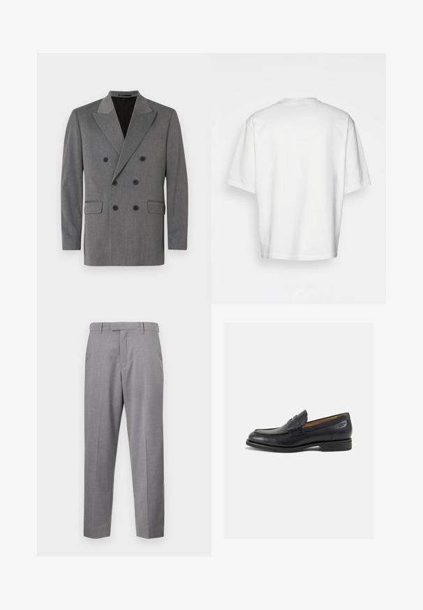 Jack & Jones PREMIUM JPRBUSHWICK ASHTON BLAZER - Švarkas - dark grey; Balta trumpa rankovėmis marškinėliai, laisvas kirpimas, apvalus iškirpimas, lygaus džinsinio audinio, nepuošta nugara, tiesiai kraštu, be raštų ar akcentų.; Pilki kelnės, pagamintos iš tekstūruoto audinio, su tiesiomis kojomis, priekine raukšle ir standartiniu juosmeniu su diržo kilpomis.; Juodi odiniai loafersai su lygiu paviršiumi, apvaliu pirštu ir dekoratyvine siūlė viršuje. Žemas sustiprintas kulnas ir lengvas blizgesys.