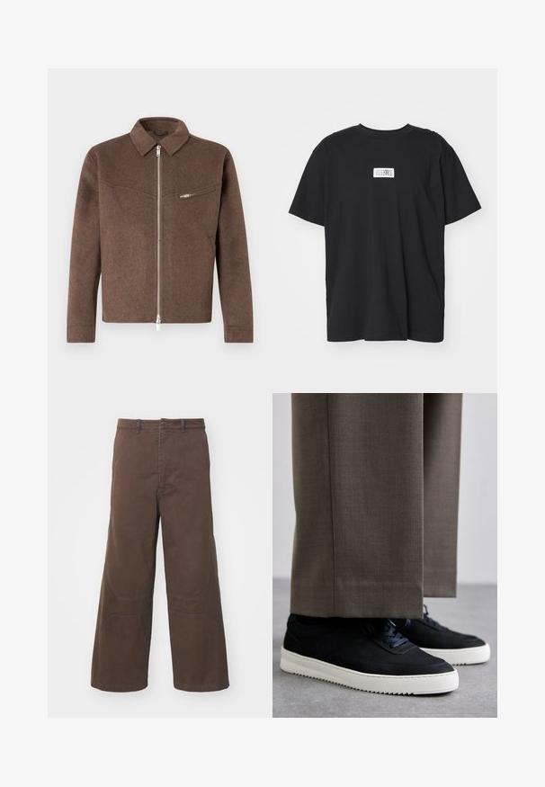 Hnědá bunda z vlněné směsi s límcovým výstřihem, předním zapínáním na zip a bočním zipovým kapsou. Texturovaný povrch a rovný střih.; Černé bavlněné tričko s kulatým výstřihem, krátkými rukávy a obdélníkovou bílou nálepkou s čísly a grafickým designem.; Hnědé kalhoty s širokými nohavicemi vyrobené z odolné bavlny. Mají přední náprsní kapsy a vyztužené detaily na kolenou pro zvýšení funkčnosti.; Černé semišové tenisky s bílými gumovými podrážkami, s kulatou špičkou a tkaničkami, obuté s šedými úzkými kalhotami.