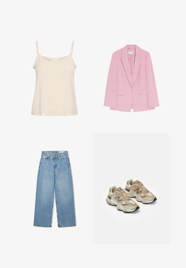 Pink blazer made from smooth fabric, featuring a notched lapel, two front pockets, and long, loose sleeves with a minimalist design.; Light beige camisole made of soft fabric, featuring thin adjustable straps and a V-neckline with a slightly relaxed fit.; Light blue wide-leg jeans made of denim, featuring a high waist, five pockets, button closure, and subtle fading for texture.; Beige sneakers with mesh and suede materials. Features a black logo and textured accents. Thick white midsole and black rubber outsole.