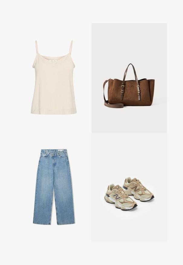Blazer rosa realizzato in tessuto morbido, con rever a rotondo, due tasche frontali e maniche lunghe e larghe dal design minimalista.; Camisole beige chiaro realizzato in tessuto morbido, con sottili spalline regolabili e scollatura a V, dal fit leggermente rilassato.; Jeans azzurri a gamba larga realizzati in denim, con vita alta, cinque tasche, chiusura a bottone e una leggera scoloritura per aggiungere texture.; Sneaker beige realizzate in materiali mesh e suede. Presentano un logo nero e dettagli testurizzati. Suola intermedia spessa bianca e suola esterna in gomma nera.; Borsa tote in suede marrone con una forma strutturata, doppi manici in pelle, tracolla regolabile e dettagli in metallo dorato.