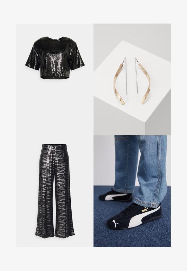 Musta bleiseri, jossa on terävät saumanlävet, yhden napin sulku ja nauhakiinnitys sivuilla. Varustettu sileällä vuorauksella.; Musta lyhythihainen cropped-toppi, joka on valmistettu paljeteista, ja siinä on sileä pinta sekä pyöreä kaula-aukko.; Mustat leveälahkeiset housut, joissa on kiiltävä paljettipinta ja aaltoileva kuvio. Korkea vyötärö, virtaava siluetti ja sileä viimeistely.; Mustat mokkanahkaiset lenkkarit valkoisilla yksityiskohdilla, joissa on kultainen logo. Yhdistetty vaaleansinisiin farkkusiin ja asetettu tekstuuripintaiseen siniseen taustaan.; Kulta- ja hopeakarva korvakorut, joilla on kaareva, pitkänomainen muoto. Kiiltävä pinta, sileä tekstuuri ja minimalistinen muotoilu.