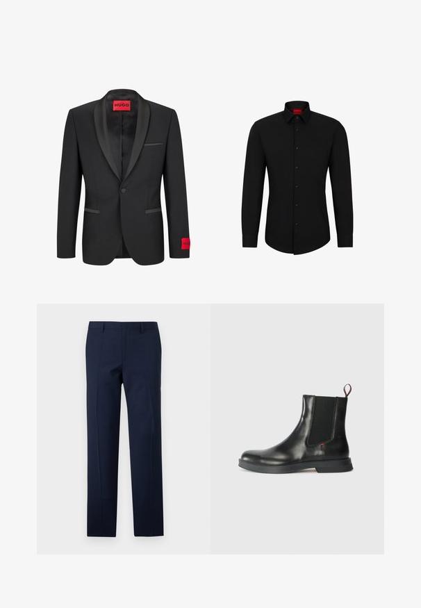 Must valdjak, millel on satiinist teravad kraed, ühe nupu sulgemine ja kaks esist taskut. Vasakul varrukal on punane logo märk.; Must tumeed särg musta pikkade varrukatega, nööpidega ees, klassikalise kraega ja ümara hemiga; sisaldab musti nuppe ja punast logo krae sees.; Navy sinine püksid reguleeritud lõikega, millel on sile tekstuur, teravad voldid ja sirge esikülje disain. Peidetud luku tõmblukk.; Must musta Chelsea saab, millel on sile pind, elastsed külgpaneelid, tõmbeaas ja paks kummist tald, mis tagab haarde ja vastupidavuse.
