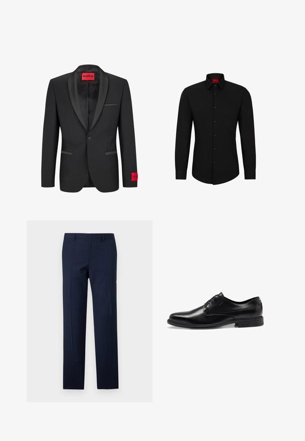 Blazer nero con rever in satin, chiusura con un bottone e due tasche frontali. Presenta un'etichetta del logo rossa sulla manica sinistra.; Maglietta nera a maniche lunghe con chiusura a bottoni, colletto classico e orlo arrotondato; presenta bottoni neri e un logo rosso all'interno del colletto.; Pantaloni blu navy con una vestibilità su misura, caratterizzati da una texture liscia, pieghe nette e un design con vita piatta. Chiusura con zip nascosta.; Scarpa da uomo in pelle nera con finitura liscia, design con lacci, punta arrotondata e dettagli di cucitura discreti. Presenta una suola in gomma nera.