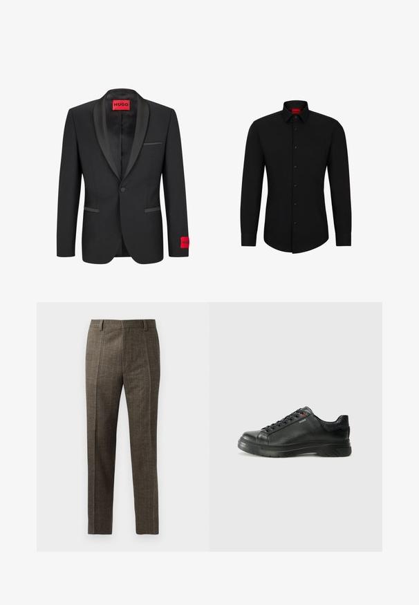 Must valdjak, millel on satiinist teravad kraed, ühe nupu sulgemine ja kaks esist taskut. Vasakul varrukal on punane logo märk.; Must tumeed särg musta pikkade varrukatega, nööpidega ees, klassikalise kraega ja ümara hemiga; sisaldab musti nuppe ja punast logo krae sees.; Ruud pruunid püksid on sirge lõikega, ees volditud ja vöödega. Valmistatud tekstuuriga kangast, millel on peened triibud.; Must musta tennis, mille tekstuuriga pealis, pehmendatud krae ja punane logo detail. Omab paksu kummist tallat, millel on selge tallamuster.