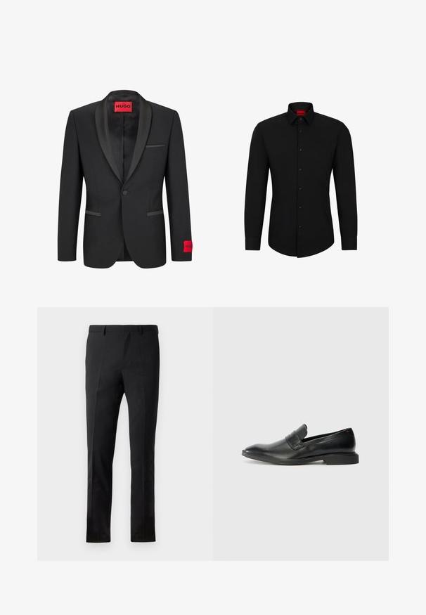 Sacou negru cu rever satin, închis cu un singur nasture și două buzunare frontale. Prezentă eticheta cu logo roșu pe mâneca stângă.; Cămașă neagră cu mânecă lungă, cu închidere prin butoni, guler clasic și hem rotunjit; prezintă butoni negri și un logo roșu în interiorul gulărului.; Pantaloni negri cu o croială ajustată, având fața plată, două pliuri, bucle pentru curea și o textură netedă. Fără modele vizibile sau accesorii metalice.; Loaferi negri din piele, cu o textură netedă, vârf ascuțit și toc rectangular jos. Oferă un detaliu cu curea orizontală pe partea superioară.