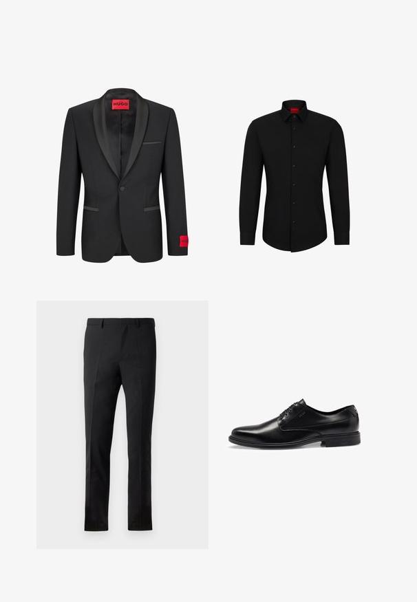 Svart kavaj med satinfodrade slag, enkel knappstängning och två framfickor. Har en röd logomärke på vänster ärm.; Svart långärmad skjorta med knäppning fram, klassisk krage och rundad nederkant; har svarta knappar och en röd logotyp inuti kragen.; Svarta byxor med skräddarsydd passform, med flat front, två veck, bälteshällor och en jämn yta. Inga synliga mönster eller detaljer.; Svart läderskor med slät yta, snördesign, rund tå och subtila sömnadsdetaljer. Har en svart gummisul.