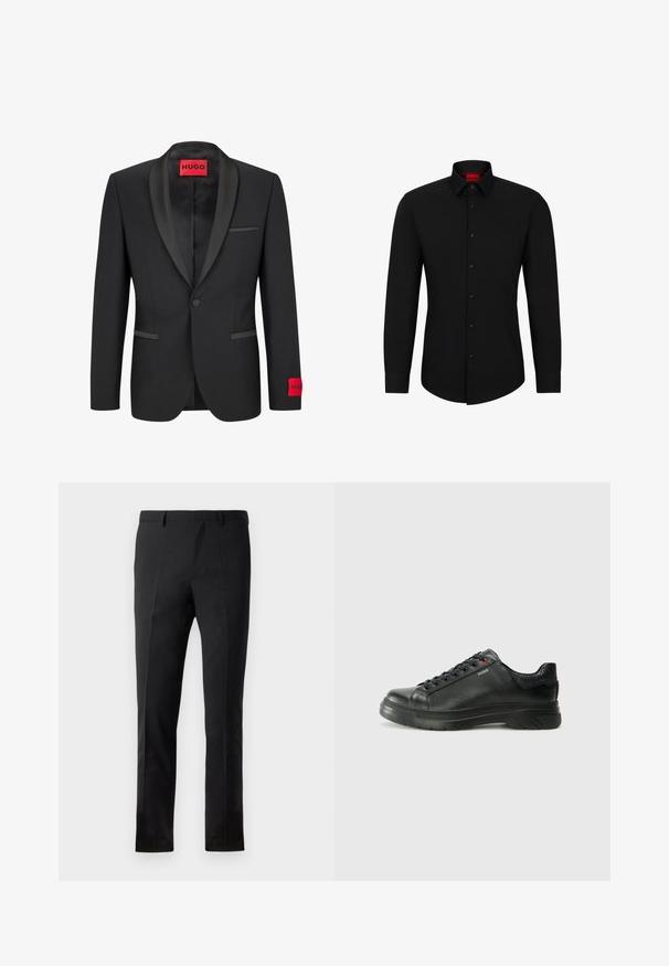 Schwarze Blazer mit satinierter Reverskragen, Ein-Knopfschluss und zwei Fronttaschen. Mit rotem Logolabel am linken Ärmel.; Schwarzes Langarmhemd mit Knopfleiste, klassischem Kragen und abgerundetem Saum; verfügt über schwarze Knöpfe und ein rotes Logo im Kragen.; Schwarze Hose mit tailliertem Schnitt, flacher Vorderseite, zwei Falten, Gürtelschlaufen und glatter Textur. Keine sichtbaren Muster oder Metallteile.; Schwarze Leder-Sneaker mit strukturiertem Obermaterial, gepolstertem Kragen und rotem Logo-Detail. Verfügt über eine dicke Gummisohle mit markantem Profil.