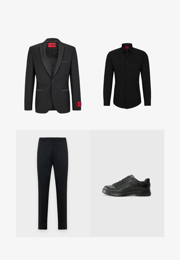 Schwarze Blazer mit satinierter Reverskragen, Ein-Knopfschluss und zwei Fronttaschen. Mit rotem Logolabel am linken Ärmel.; Schwarzes Langarmhemd mit Knopfleiste, klassischem Kragen und abgerundetem Saum; verfügt über schwarze Knöpfe und ein rotes Logo im Kragen.; Schwarze maßgeschneiderte Herren-Anzughose mit Gürtelschlaufen, flachem Vorderteil und geraden Beinen auf weißem Hintergrund.; Schwarze Leder-Sneaker mit strukturiertem Obermaterial, gepolstertem Kragen und rotem Logo-Detail. Verfügt über eine dicke Gummisohle mit markantem Profil.
