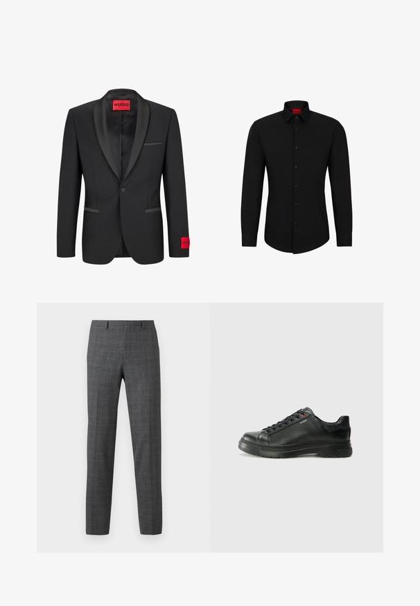 Must valdjak, millel on satiinist teravad kraed, ühe nupu sulgemine ja kaks esist taskut. Vasakul varrukal on punane logo märk.; Must tumeed särg musta pikkade varrukatega, nööpidega ees, klassikalise kraega ja ümara hemiga; sisaldab musti nuppe ja punast logo krae sees.; Halli ruudulised püksid kohandatud lõikega, omavad siledat tekstuuri, sirgeid jalgu ja peeneid õmblusdetailsusi.; Must musta tennis, mille tekstuuriga pealis, pehmendatud krae ja punane logo detail. Omab paksu kummist tallat, millel on selge tallamuster.