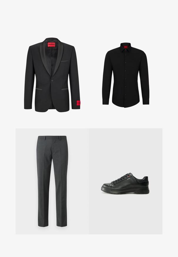 Musta bleiseri, jossa on satiininen huippuolkain, yksi nappisuljin ja kaksi etutaskua. Vasemmassa hihassa on punainen logotunnus.; Mustassa pitkähihaisessa paidassa on nappi edessä, klassinen kaulus ja pyöristetty helma; siinä on mustat napit ja punainen logo kauluksen sisäpuolella.; Tummanharmaat räätälöidyt housut, jotka on valmistettu sileästä kankaasta. Ominaisuuksiin kuuluvat suorat lahkeet, litteä etuosa ja vyölenkit. Ei näkyviä kuvioita tai yksityiskohtia.; Musta nahkakengät, joissa on teksturoidun pinnan, pehmustettu kaulus ja punainen logo. Kengissä on paksu kumipohja, jossa on selkeä uramalli.