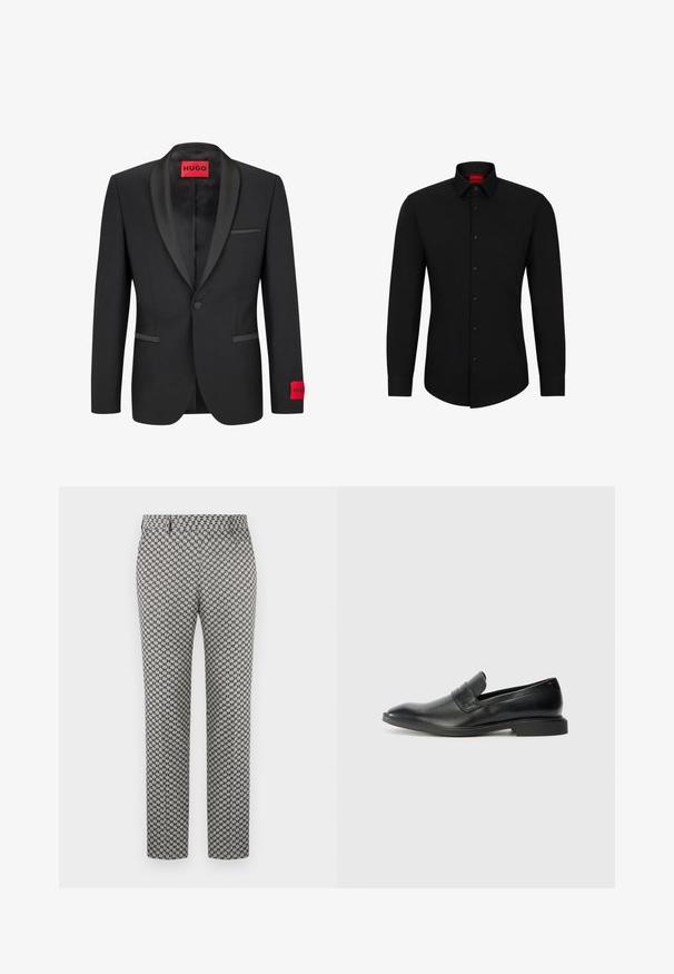 Černý blejzr se saténovými špičatými klopami, zapínání na jeden knoflík a dvěma předními kapsami. Obsahuje červenou logovou etiketu na levém rukávu.; Černá košile s dlouhým rukávem a zapínáním na knoflíky, klasickým límcem a zaobleným spodním lemem; má černé knoflíky a červené logo uvnitř límce.; Kalhoty s potiskem houndstooth v černobílé, rovného střihu, s hladkou texturou a standardním pasem.; Černé kožené mokasíny s hladkým povrchem, špičatou špičkou a nízkým obdélníkovým podpatkem. Obsahují horizontální páskový detail přes svršek.