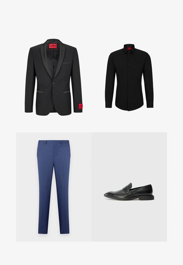 Black blazer with satin peaked lapels, single button closure, and two front pockets. Features red logo label on the left sleeve.; Black long-sleeve shirt with a button-up front, classic collar, and rounded hem; features black buttons and a red logo inside the collar.; Blue tailored men's dress trousers with belt loops, front fly, and crease details, displayed against a white background.; Black leather loafers with a smooth texture, pointed toe, and a low rectangular heel. Features horizontal strap detail across the upper.