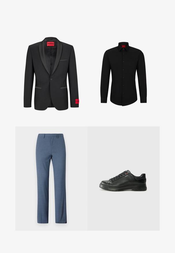 Must valdjak, millel on satiinist teravad kraed, ühe nupu sulgemine ja kaks esist taskut. Vasakul varrukal on punane logo märk.; Must tumeed särg musta pikkade varrukatega, nööpidega ees, klassikalise kraega ja ümara hemiga; sisaldab musti nuppe ja punast logo krae sees.; Heledad hallhargus, millel on sile tekstuur, sirge lõikega, kahe esise taskuga ja lamedate esiosade kujundusega.; Must musta tennis, mille tekstuuriga pealis, pehmendatud krae ja punane logo detail. Omab paksu kummist tallat, millel on selge tallamuster.