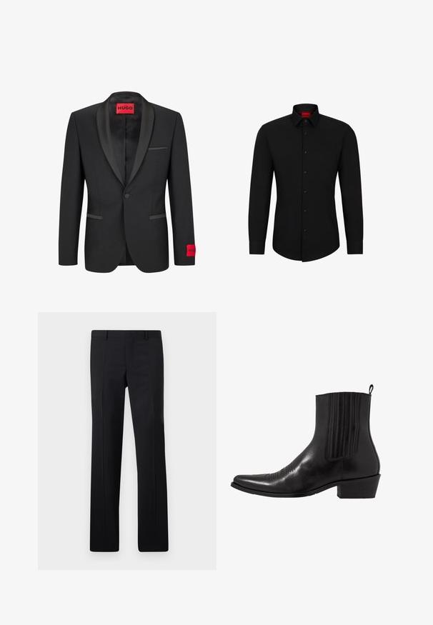 Must valdjak, millel on satiinist teravad kraed, ühe nupu sulgemine ja kaks esist taskut. Vasakul varrukal on punane logo märk.; Must tumeed särg musta pikkade varrukatega, nööpidega ees, klassikalise kraega ja ümara hemiga; sisaldab musti nuppe ja punast logo krae sees.; Mustad kohandatud püksid sirge lõikega, teravate voldikutega ja siledast viimistlusest. Valmistatud kerge kangaga, millel on puhas vöökoht.; Must musta rinnatooted, millel on terav varvas, elastsed külgpaneelid, vertikaalsed õmblused ning madal blokknähtav.