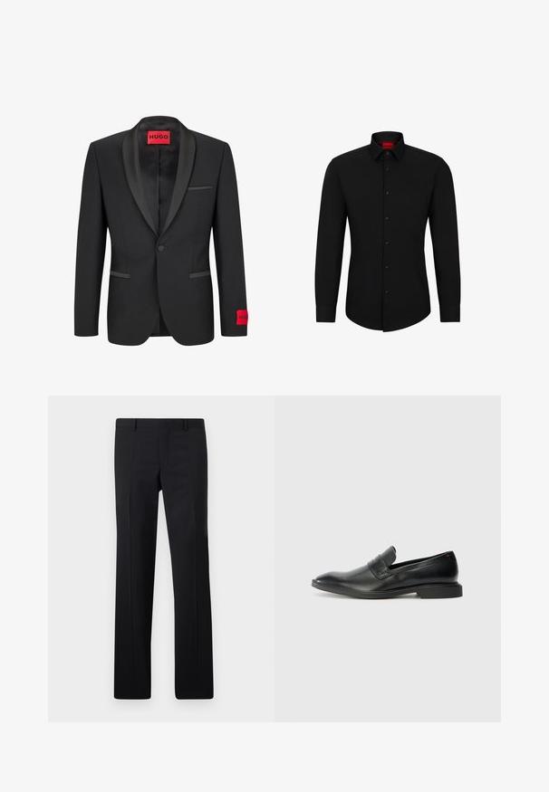 Black blazer with satin peaked lapels, single button closure, and two front pockets. Features red logo label on the left sleeve.; Black long-sleeve shirt with a button-up front, classic collar, and rounded hem; features black buttons and a red logo inside the collar.; Black tailored trousers featuring a straight-leg design, sharp creases, and a smooth finish. Made from lightweight fabric with a clean waistband.; Black leather loafers with a smooth texture, pointed toe, and a low rectangular heel. Features horizontal strap detail across the upper.