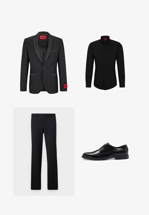 Black blazer with satin peaked lapels, single button closure, and two front pockets. Features red logo label on the left sleeve.; Black long-sleeve shirt with a button-up front, classic collar, and rounded hem; features black buttons and a red logo inside the collar.; Black tailored trousers featuring a straight-leg design, sharp creases, and a smooth finish. Made from lightweight fabric with a clean waistband.; Black leather dress shoe with a smooth finish, lace-up design, rounded toe, and subtle stitching details. Features a black rubber sole.