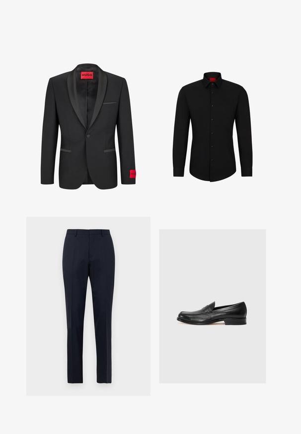Fekete zakó selyem csúcsú hajtókákkal, egygombos záródás és két elülső zseb. A bal ujjon piros logóbélyeg található.; Fekete, hosszú ujjú ing gombos elülső részel, klasszikus gallérral és lekerekített aljjal; fekete gombokkal és egy piros logóval a gallér belsejében.; Sötétkék, szabott férfi öltönynadrág, finom kockás mintázattal, övpántokkal és elülső hajtással, fehér háttér előtt, frontális nézetben.; Fekete bőr loaferek lekerekített orral, kontrasztos varrással és alacsony sarkal, díszítő pánttal az elején. Simább textúrával.