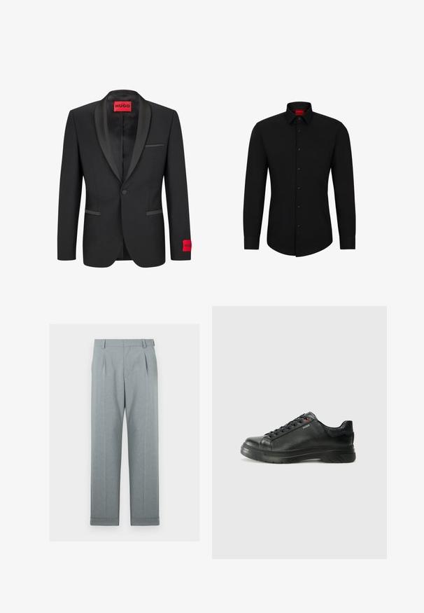 Must valdjak, millel on satiinist teravad kraed, ühe nupu sulgemine ja kaks esist taskut. Vasakul varrukal on punane logo märk.; Must tumeed särg musta pikkade varrukatega, nööpidega ees, klassikalise kraega ja ümara hemiga; sisaldab musti nuppe ja punast logo krae sees.; Kerged hallid püksid tekstureeritud kangast, sirge jala disainiga, ühe voldiga ja alakäridega. Minimalistlik ja kohandatud välimus.; Must musta tennis, mille tekstuuriga pealis, pehmendatud krae ja punane logo detail. Omab paksu kummist tallat, millel on selge tallamuster.