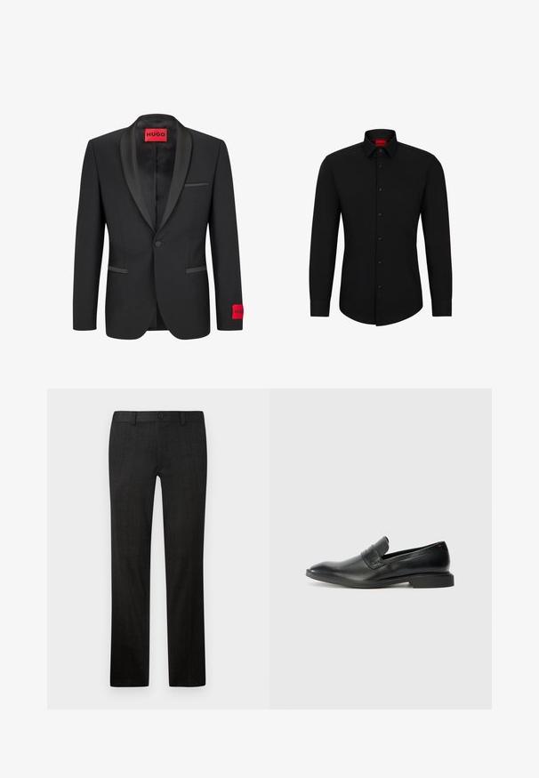 Blazer noir avec revers en satin, fermeture à un bouton et deux poches avant. Présente un label logo rouge sur la manche gauche.; Chemise noire à manches longues avec un devant boutonné, col classique et ourlet arrondi ; comporte des boutons noirs et un logo rouge à l'intérieur du col.; Pantalons noirs ajustés en tissu texturé, dotés d'une coupe droite, d'une fermeture éclair frontale et d'une fermeture à bouton.; Mocassins en cuir noir avec une texture lisse, un nez pointu et un petit talon rectangulaire. Présente un détail de bande horizontale sur le dessus.