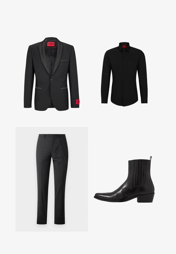 Zwarte blazer met satijnen piek revers, enkele knoopsluiting en twee voorzakken. Voorzien van een rood logo etiket op de linker mouw.; Zwarte blouse met lange mouwen, knoopsluiting aan de voorkant, klassieke kraag en ronde onderkant; voorzien van zwarte knopen en een rood logo binnenin de kraag.; Maatwerk donkergrijze broeken met een gladde textuur, slim fit, platte voorkant en standaard tailleband. Voorzien van persplooien en geen zichtbare patronen.; Zwarte leren enkellaarzen met een spitse neus, elastische zijpanele, verticale stiksels en een lage blokhak.