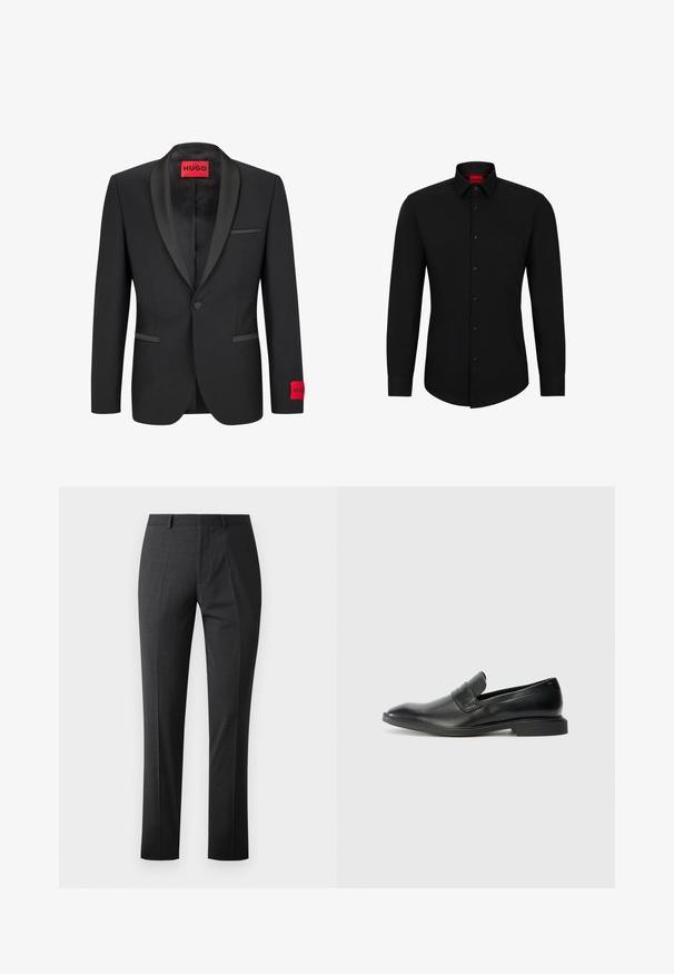 Blazer nero con rever in satin, chiusura con un bottone e due tasche frontali. Presenta un'etichetta del logo rossa sulla manica sinistra.; Maglietta nera a maniche lunghe con chiusura a bottoni, colletto classico e orlo arrotondato; presenta bottoni neri e un logo rosso all'interno del colletto.; Pantaloni grigio scuro su misura con una texture liscia, vestibilità slim, davanti piatto e vita standard. Presentano pince pressate e nessun motivo visibile.; Mocassini in pelle nera con una texture liscia, punta affilata e tacco rettangolare basso. Presentano un dettaglio a fascia orizzontale sulla parte superiore.