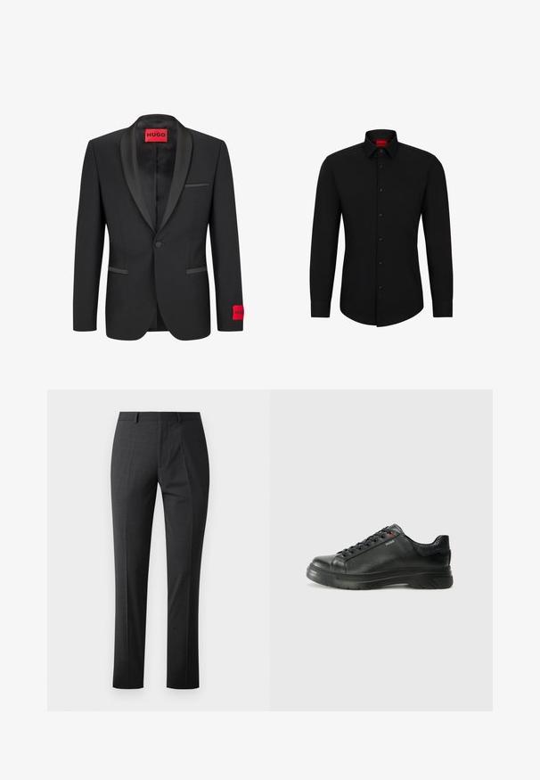 Sort blazer med satinspidse lapeller, enkelt knaplukning og to frontlommer. Har rød logoetiket på venstre ærme.; Sort langærmet skjorte med knaplukning foran, klassisk krave og rundet kant; har sorte knapper og et rødt logo indeni kraven.; Skræddersyede mørkegrå bukser med en glat tekstur, slim fit, flad front og standard talje. Har pressede folder og ingen synlige mønstre.; Sorte lædersneakers med tekstureret overdel, polstret krave og rødt logo-detajle. Har en tyk gummisål med tydeligt mønster.