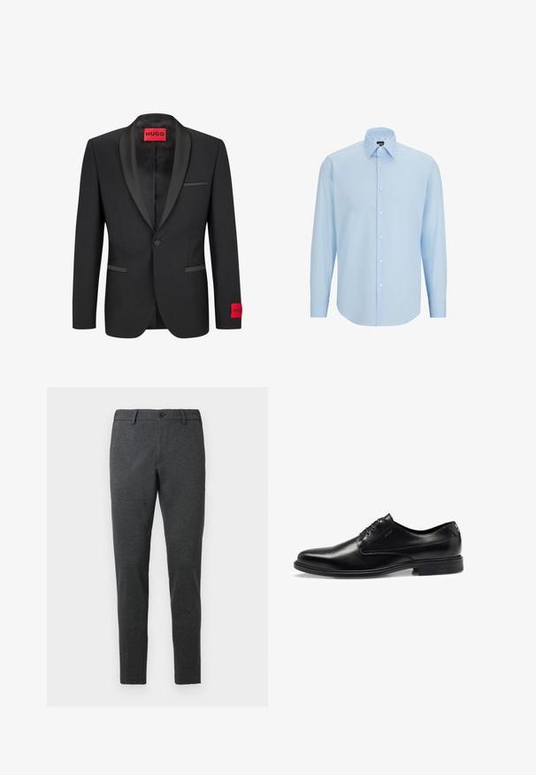 Black blazer with satin peaked lapels, single button closure, and two front pockets. Features red logo label on the left sleeve.; Light blue long-sleeve dress shirt made of smooth fabric, featuring a button-down front, pointed collar, and regular fit.; Dark gray trousers made from a textured fabric. Fitted design with a straight leg, featuring a single button closure and belt loops.; Black leather dress shoe with a smooth finish, lace-up design, rounded toe, and subtle stitching details. Features a black rubber sole.