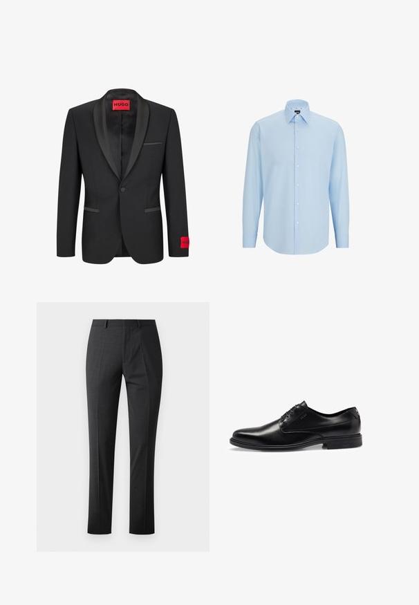 Blazer nero con rever in satin, chiusura con un bottone e due tasche frontali. Presenta un'etichetta del logo rossa sulla manica sinistra.; Camicia da uomo a maniche lunghe di colore blu chiaro, realizzata in tessuto morbido, con chiusura a bottoni sul davanti, colletto a punte e vestibilità regolare.; Pantaloni grigio scuro su misura con una texture liscia, vestibilità slim, davanti piatto e vita standard. Presentano pince pressate e nessun motivo visibile.; Scarpa da uomo in pelle nera con finitura liscia, design con lacci, punta arrotondata e dettagli di cucitura discreti. Presenta una suola in gomma nera.