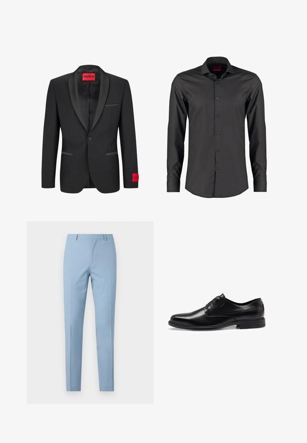 Juodas švarkas su satino apykaklėmis, vieno sagos užsegimu ir dviem priekinėmis kišenėmis. Kairėje rankovėje yra raudonas logotipas.; Juodas ilgos rankovės marškinėlis su siauru siluetu, pagamintas iš lygios medžiagos. Turi smailų apykaklę ir šešis mygtukus priekyje.; Šviesiai mėlynos pritaikytos kelnės su siauru siluetu, lygiu paviršiumi, raukšlėmis priekyje, prigludusia juosmeniu ir diržo kilputėmis. Nėra matomų kišenių.; Juodas odinis suknių batelis su lygia apdaila, raištelių dizainu, apvaliu nosiu ir subtiliais siuvinėjimo detalėmis. Turi juodą gumos padą.