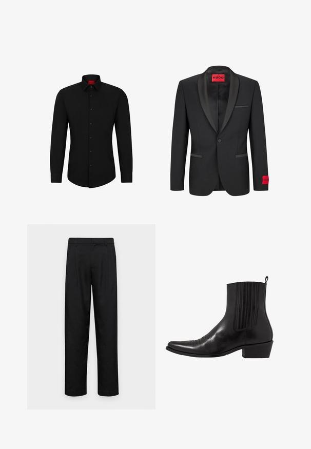 Zwarte blazer met satijnen piek revers, enkele knoopsluiting en twee voorzakken. Voorzien van een rood logo etiket op de linker mouw.; Zwarte blouse met lange mouwen, knoopsluiting aan de voorkant, klassieke kraag en ronde onderkant; voorzien van zwarte knopen en een rood logo binnenin de kraag.; Zwarte broeken van gladde stof, met een recht model, twee voorknikken en een standaard tailleband met riemlussen.; Zwarte leren enkellaarzen met een spitse neus, elastische zijpanele, verticale stiksels en een lage blokhak.