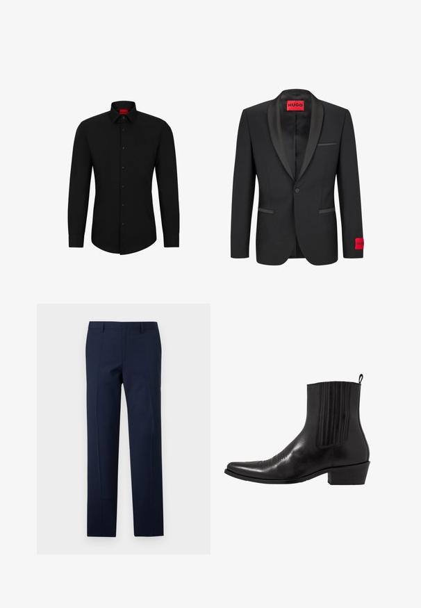Blazer negro con solapas de satén, cierre de un botón y dos bolsillos frontales. Presenta una etiqueta de logo rojo en la manga izquierda.; Camisa negra de manga larga con botón frontal, cuello clásico y dobladillo redondeado; cuenta con botones negros y un logotipo rojo en el interior del cuello.; Pantalones azul marino con un corte entallado, que presentan una textura suave, pliegues marcados y un diseño de frente plano. Cierre de cremallera oculta.; Bota de cuero negro hasta el tobillo con punta afilada, paneles laterales elásticos, acentos de costura vertical y un tacón bajo y cuadrado.