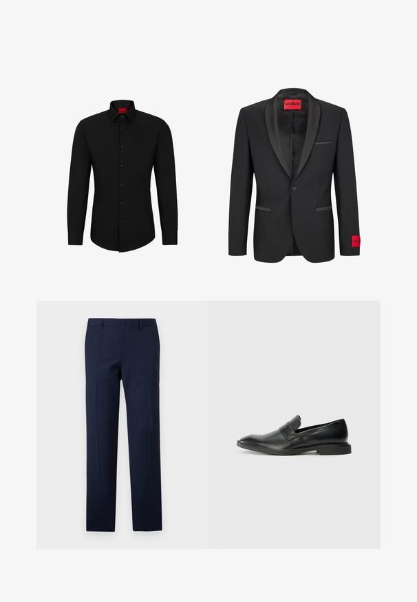 Čierny blazer so saténovými špicatými klopami, zapínaním na jeden gombík a dvoma prednými vreckami. Obsahuje červenú logo nášivku na ľavom rukáve.; Čierna košeľa s dlhým rukávom a zapínaním na gombíky, klasickým golierom a zaobleným lemom; obsahuje čierne gombíky a červené logo vo vnútri goliera.; Námornícke modré nohavice s priliehavým strihom, s hladkou textúrou, ostrými záhybmi a plochým predným dizajnom. Skrytý zips na uzatváranie.; Čierne kožené loafers s hladkou textúrou, špicatou špičkou a nízkym obdĺžnikovým podpätkom. Obsahuje horizontálny pruh na hornej časti.