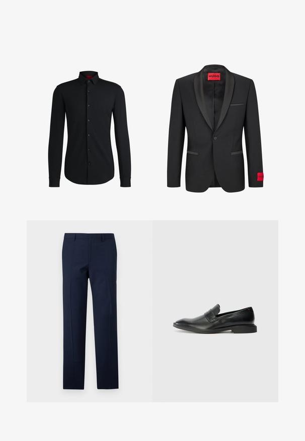 Blazer nero con rever in satin, chiusura con un bottone e due tasche frontali. Presenta un'etichetta del logo rossa sulla manica sinistra.; Maglietta nera a maniche lunghe con colletto abbottonato, bottoni frontali lucidi e vestibilità strutturata, realizzata in tessuto leggero e liscio.; Pantaloni blu navy con una vestibilità su misura, caratterizzati da una texture liscia, pieghe nette e un design con vita piatta. Chiusura con zip nascosta.; Mocassini in pelle nera con una texture liscia, punta affilata e tacco rettangolare basso. Presentano un dettaglio a fascia orizzontale sulla parte superiore.