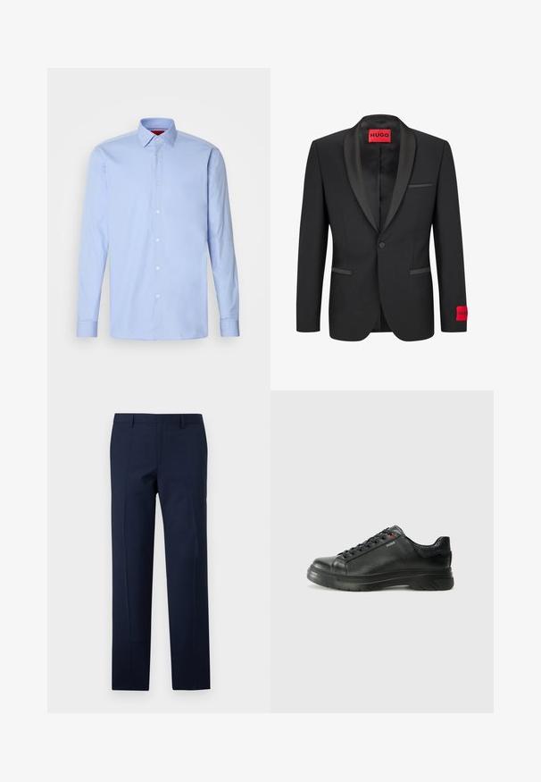 Must valdjak, millel on satiinist teravad kraed, ühe nupu sulgemine ja kaks esist taskut. Vasakul varrukal on punane logo märk.; Hele sinine pika varrukaga särg, mis on valmistatud puuvillast, klassikalise kraega ja valgete nööpidega nööbitavas ees. Sujuv tekstuur.; Navy sinine püksid reguleeritud lõikega, millel on sile tekstuur, teravad voldid ja sirge esikülje disain. Peidetud luku tõmblukk.; Must musta tennis, mille tekstuuriga pealis, pehmendatud krae ja punane logo detail. Omab paksu kummist tallat, millel on selge tallamuster.
