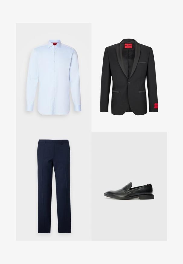 Čierny blazer so saténovými špicatými klopami, zapínaním na jeden gombík a dvoma prednými vreckami. Obsahuje červenú logo nášivku na ľavom rukáve.; Svetlo modrá košeľa s dlhým rukávom, so zapínaním na gombíky, rozloženým golierom a zaobleným lemom, s bielymi gombíkmi. Hladká tkanina s jemným leskom.; Námornícke modré nohavice s priliehavým strihom, s hladkou textúrou, ostrými záhybmi a plochým predným dizajnom. Skrytý zips na uzatváranie.; Čierne kožené loafers s hladkou textúrou, špicatou špičkou a nízkym obdĺžnikovým podpätkom. Obsahuje horizontálny pruh na hornej časti.